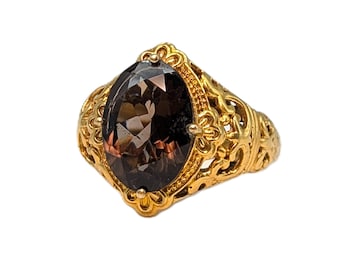 Vintage Karis Gold Bond Smoky Topaz Ring, Filigree Cocktail Ring, Size 8