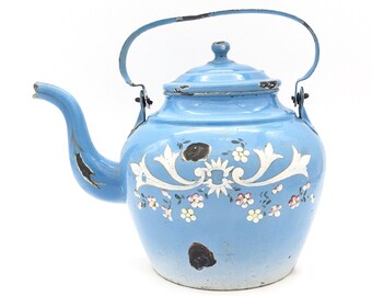 Antique Teapot Blue With Flowers Kitchen Decor | Late 1800s Enamelled Coffee Pot Floral Decor | Old Rustic Kettle Vase Farmhouse Decoration
