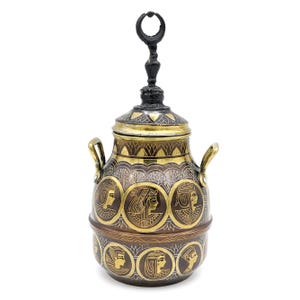 Jarra de cerámica antigua rara, jarrón decorativo egipcio, hecho a mano, de cobre oscuro, latón dorado, estilo antiguo, botella de agua, hallazgo muy raro