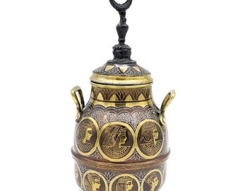 Rare Vintage Vessel Jug Egyptian Decorative Vase Marked | Handmade Dark Copper Golden Brass Antique Style Water Bottle Very Rare Find