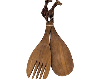 Hand Carved Giraffe Salad Servers | West African Wood Fork Spoon Set | Safari Kitchen Decor | Vintage Hardwood Salad Utensils | Unique Gift