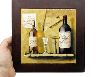 Wine Bottle Ceramic Tile Trivet and Wall Decor by Mark Hageman Vintage | Wood Framed Art Wines Chateau Margaux and Chateau Beychevelle