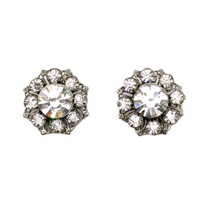 May include: A pair of silver earrings with a clear rhinestone centre surrounded by smaller rhinestones.