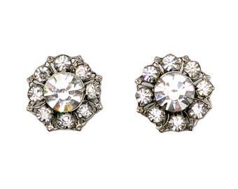 Stunning Flower Bridal Prom Earrings | Vintage 1960s Rhinestone Floral Clip-On Earrings | Silver Tone Edwardian Style Very Sparkle Earrings