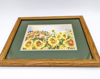 Vintage Framed Print Sunflower Field T. Cozic | Print Framed Sunflower City Scene | Wooden Frame Green and Orange
