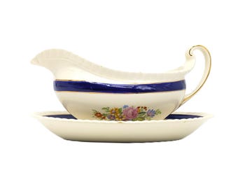 Timeless Rare Johnson Brothers Ranelagh Ironstone Gravy Boat & Underplate | Vintage 1920s English Cobalt Blue Floral Gold Trim Set