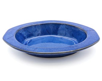 Large Blue Ceramic Casserole Dish | Earthenware Pottery Deep Serving Dish Glazed Blue | Handmade Signed Oval Baking Dish Bowl With Handles