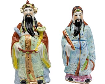 Vintage Fu Xing and Lu Xing Porcelain Figurines | Chinese Sanxing Wealth & Fortune Gods Feng Shui Decor Statues | Collectible Gift Decor