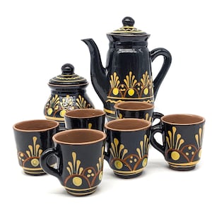 One of a Kind Dark Green Teapot Set | Hand Painted Rustic Earthenware | MidCentury Modern Cottagecore Kitchen Decor | Studio Pottery Tea Set