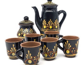 One of a Kind Dark Green Teapot Set | Hand Painted Rustic Earthenware | MidCentury Modern Cottagecore Kitchen Decor | Studio Pottery Tea Set