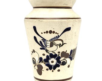 Tonala Vase Mexican Folk Art Pottery | Ceramic Vase Bird Flower Signed Mexico | 1970s Boho Decor Collectible Folk Art Pottery Cobalt Blue