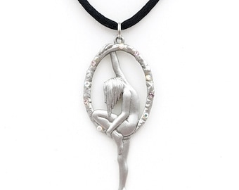 Acrobat Lady Pendant Necklace by JJ Jonette Jewelry | Vintage Pewter Rhinestone Dancing Woman on Aerial Hoop Pendant | Rare Aerial Acrobatic