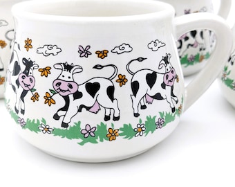 Vintage Large Mugs Cow Flowers Set of 4  | Soup Mug Set Cute Cows Ceramic Bowls With Handle | Black and White Cow Mugs Farmhouse Cereal Bowl