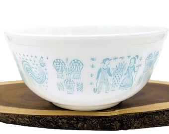 Vintage Pyrex Amish Butterprint Large Mixing Bowl #403 Turquoise on White 2 1/2 qt Oven Resistant