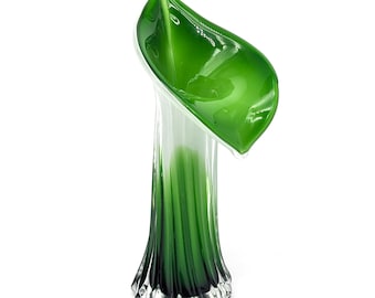 Vintage Handblown Calla Lily Art Glass Vase 8in | Green White Jack in the Pulpit Sculpture | Murano Style Mid Century Decor | Unique Vase