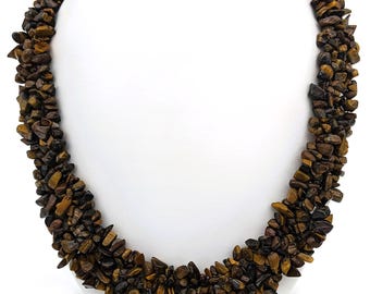 Vintage Tiger Eye Chip Beaded Necklace | Retro Collar Tiger's Eye Natural Stones Wide Layered Brown | Semi Precious Natural Bib Necklace