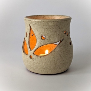Handmade Pottery Candle Holder | Rustic Ceramic Tealight Lantern | Leaf Cutout Terracotta Votive Cup | Cozy Boho Home Decor Gift