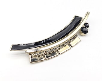 Vintage Art Deco Revival Brooch: Black Enamel & Rhinestone Pin