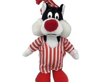 Vintage Warner Bros Looney Tunes Sylvester the Cat Plush Toy | Sylvester in Red Striped Pajamas |  9" Stuffed Animal Collectors Toy