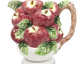 Vintage Majolica Apple Pitcher | 3D Ceramic Fruit Leaf Jug | 32oz 946ml Capacity | Red Green Handle Decor | Gift 1980s Unique Majolica Art