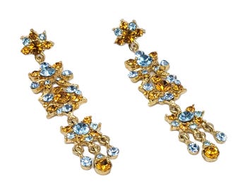Glam Vintage Chandelier Rhinestone Earrings| Blue & Orange Crystal Drop Earrings| Bridal Statement Stud Earrings | Long Crystal Jewelry Gift