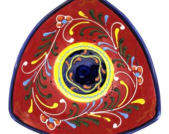 Vintage Bowl Dish by Antonio J Ortiz Ruiz Handmade in Spain | Hand Painted Triangular Ceramic Pottery Anoru Large Serving Bowl Bright Colors