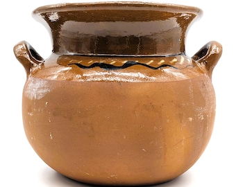 Vintage Mexican Olla de Barro Bean Pot | Rustic Terracotta Clay Pot with Handles | Handcrafted Mexican Decorative Vase or Centerpiece Decor