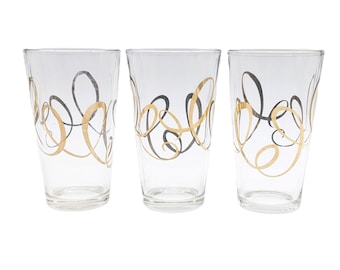 1970s Drinking Glasses Gold Swirl Set of 2 plus 1 Free | Vintage Tumblers by Libbey Replacement | Clear Mid Century Large Drink Glasses