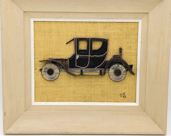 Vintage Mixed Media in Frame Packard 1911 3D | 3 Dimensional Car Collage Folk Art  Framed  | Creative Wall Art Signed DW Original