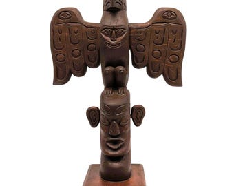 1975 Thunderbird & Caveman Totem Pole | Hand-Carved Wood First Nations Style Totem Sculpture | Vintage Canadian Totem Wings and Ears 14"