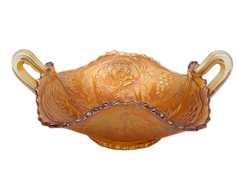 Antique Fenton Marigold Carnival Glass Bon Bon: Lotus & Grape Iridescent Bowl