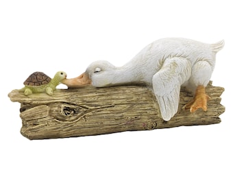 Cute Vintage Figurine Duck and Turtle on Tree Trunk |Decorative Figure Duck on a Log Hand Painted Ornament Animal Sculpture Miniature
