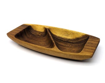 Vintage 1980s Mid Century Modern Genuine Acacia Wood Serving Tray | Handcrafted Philippine Divided Snack Platter | Rustic Boho Home Decor