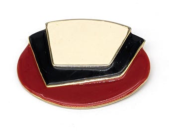 Vintage 1980s Enamel Geometric Brooch | Gold Tone Modernist Statement Pin | Red Black Ivory Art Deco Mid Century Modern Statement Jewelry