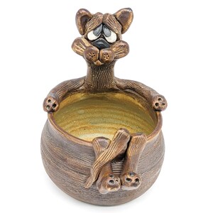 Vintage Ceramic Cat Bowl Planter Whimsical 80s Bill Vernon Style| Handmade Brown Pottery Kitty for Plants Food Home Décor Kitty Cat Figurine