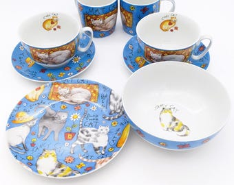 Vintage Cat-Themed Breakfast Set by Stokes Table | Cat Lovers Ceramic Dishes 8 Pieces Set Sur la Table Stokes | Fun Kitty Cat Dishes Set
