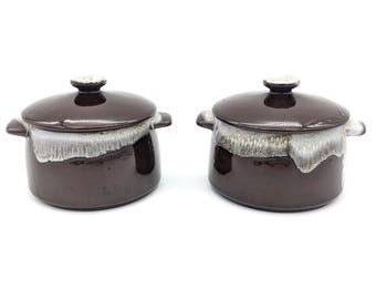 Bean Pots With Lids Handles set of 2 Made in Japan | Dark Brown White Dripware Soup Bowls Lited Japanese Pottery | Japanese Serving Dishes