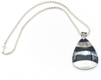 Exquisite Natural Abalone Mother of Pearl Shell Teardrop Pendant Necklace Solid Silver Chain Vintage Jewelry Statement Piece Elegant Design