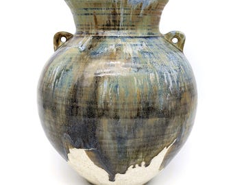 Vintage Studio Pottery Vase by Michael Madsen 1991 | Large Floor Urn Vase Stoneware | Windmill Pottery Glazed Blue Brown Beige Decor Ceramic