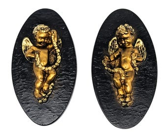 Cherub Angel Wall Hangings Set of 2 from the 1960s | Gold Black Angel Plaques Decor| Cute Angel Sculpture Classic Baroque Art | Golden Decor