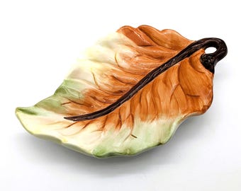 Vintage Ceramic Leaf Plate Hand-Painted Autumn Decor | Leaf Shaped Serving Dish | Trinket, Wall Art, or Table Centerpiece Leaf Dish Charm