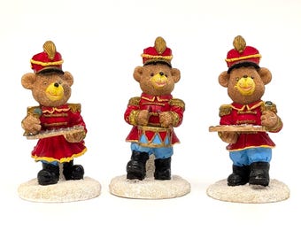 Resin Teddy Bear Marching Band Figurines | 1980s Christmas Decor, Set of 3