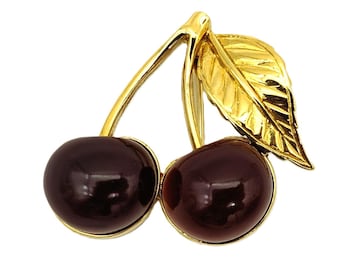 Vintage D’orlan Gold Plated Cherry Brooch | D’orlan Boucher Made in Canada Marked | Very Rare Cherry Pin Fruit Jewelry by D’orlan Signed