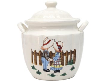 Vintage Cottagecore Cookie Jar: 1970s Ceramic Treat Canister, Boy & Girl Fence Motif