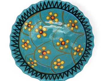 Mexican Terracotta Footed Bowl | Vintage Hand Painted Folk Art Dish Wall Hanging | Blue Floral Trinket Bowl 5" | Vibrant Colorful Home Decor