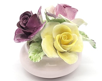 1960 Porcelain Roses Mini Bouquet by Royal Adderley Staffordshire England | Handmade Ceramic Posy Figurine | Bone China Floral Bouquet Vase