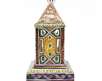 Hand Painted Portuguese Ceramic Candle Holder | Filcer Sec XVII Style Art Pottery | Unique Vintage Tabletop Accent Decor Made in Portugal