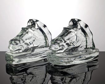 Pair of Horse Head Bookends Glass | Rare Solid Green Glass Heavy Book Ends | Equestrian Decor MidCentury by Pittsburgh Corning | Horse Decor