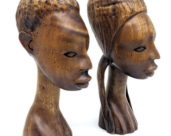 1960s Pair of African Busts Signed Paul | HandCarved Iroko Teak Folk Art Man & Woman 10"| Tribal Decor Fine Rare Wood Sculptures Collectible