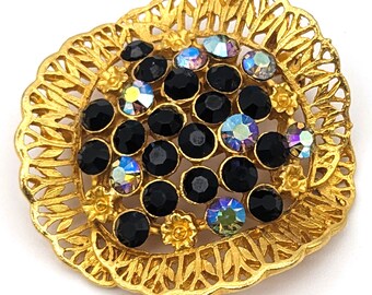 Coro Brooch Gold Vermeil Pin Rhinestone Black and Aurora Borealis Wedding Accessory Gala Dinner Brooch Original Coro 1940 Jewellery Vintage
